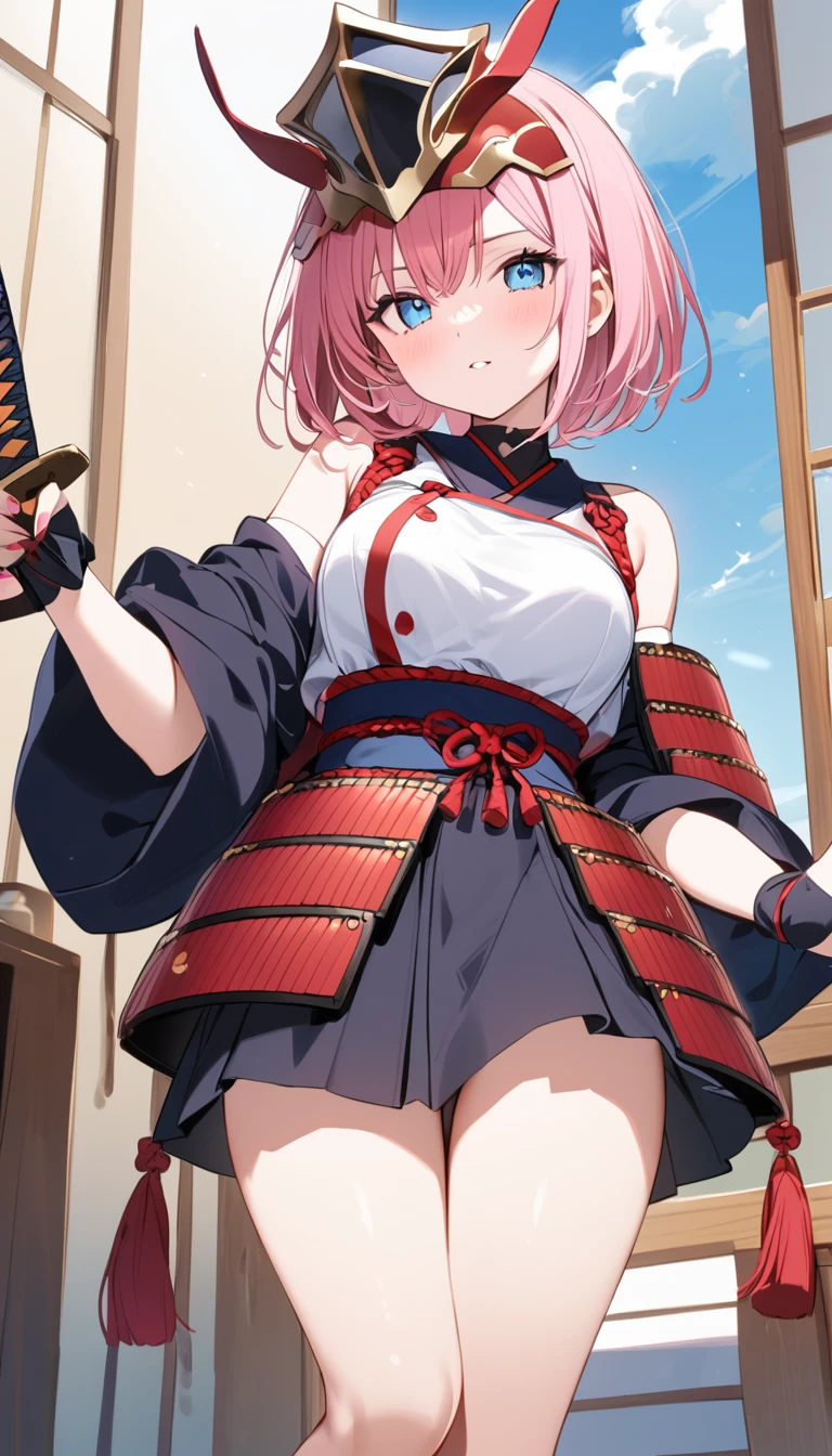 (1 girl),(Best Picture Quality, 8K, Masterpiece:1.3), (high school student:1.5), (pink lob hair), (bob cut), (slant skyblue eyes), ((japanese armor,helmet, katana)), (super clear:1.5), (glistening skin:1.1),(pale skin:1.1),