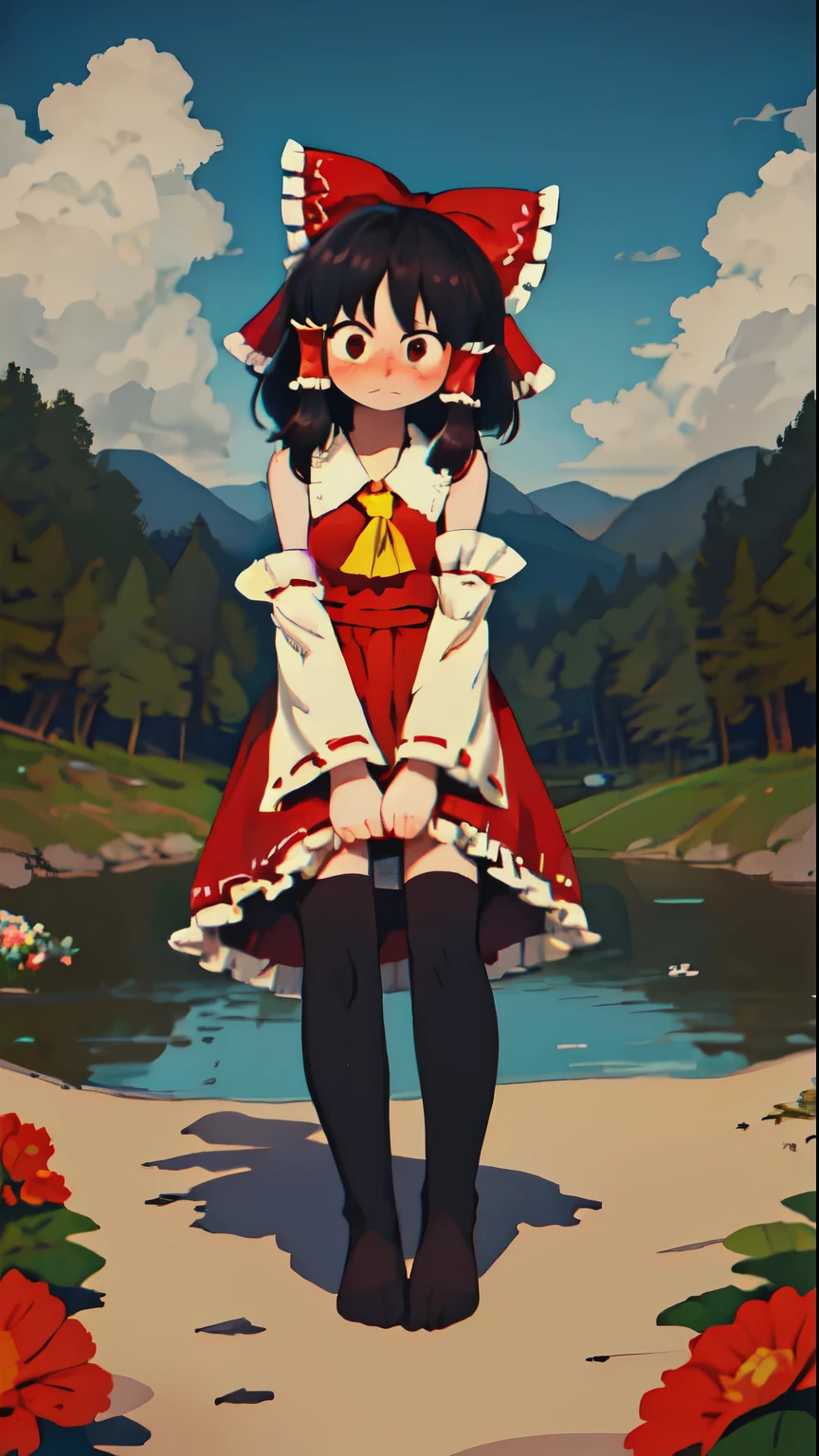 hakurei reimu, detached sleeves, hair bow, blush, looking down, shy, bashful, standing, crossed ankles, looking afar, adult, medium breasts, (outdoors, nature, flowers:1.1), thighhighs