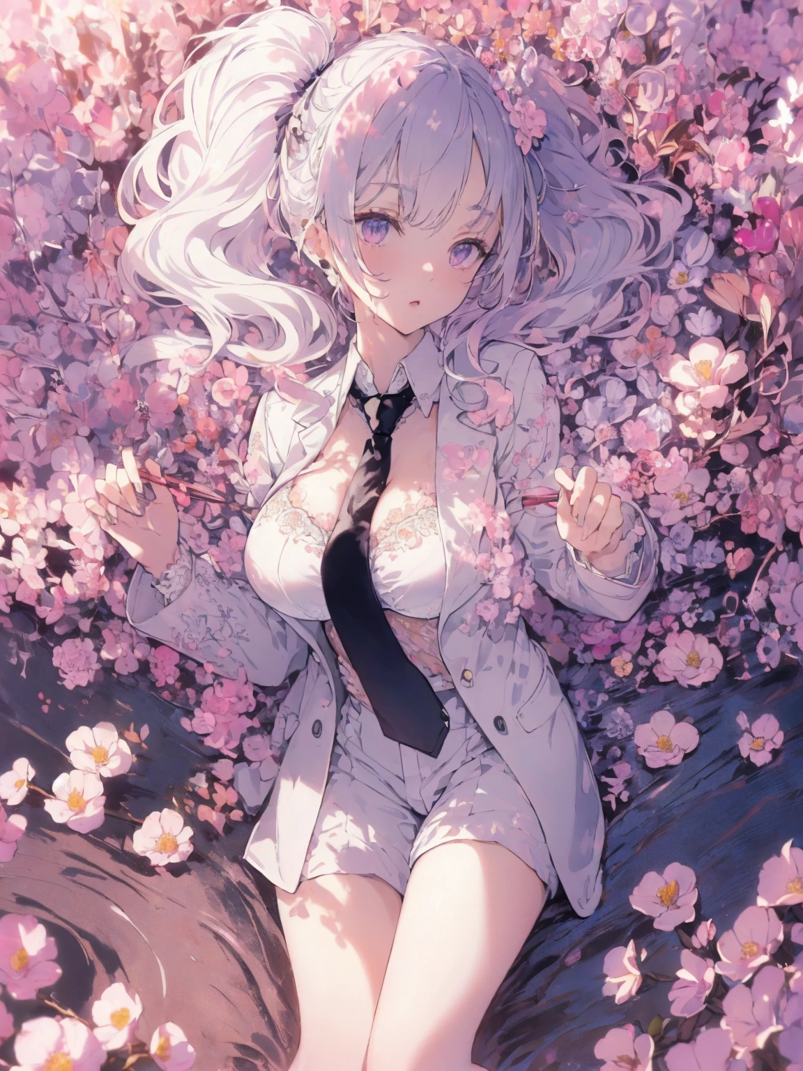 (suits and necktie photo:1.1, in white garden:1.5), Masterpiece, best quality, (very detailed CG unity 8k wallpaper), (best quality), High definition RAW color art, Animation,sculptures, (pink Marble Skin), (((Ultra detailed elegant))), Magical atmosphere, Detailed skin, Texture,(Intricately detailed, Fine detail, ultra-detail art), depth of fields, bokeh, Silky Touch, Hyper Detail, beautiful eyes, Elegant Face, (lying on pastel pink bed), sparkle background, enormous breast:1.3, (silver hair), pastel purple,, muscle, embarrassing red face, wide open udder, twintail, bra