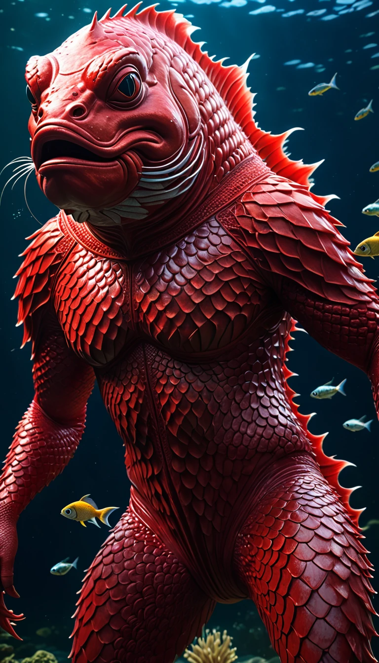 a large red creature with a human head and fish-like body, mysterious creature, chongyou, (best quality, 4k, 8k, highres, masterpiece:1.2), ultra-detailed, (realistic, photorealistic, photo-realistic:1.37), highly detailed animal, complex patterns, realistic lighting, fantasy creature