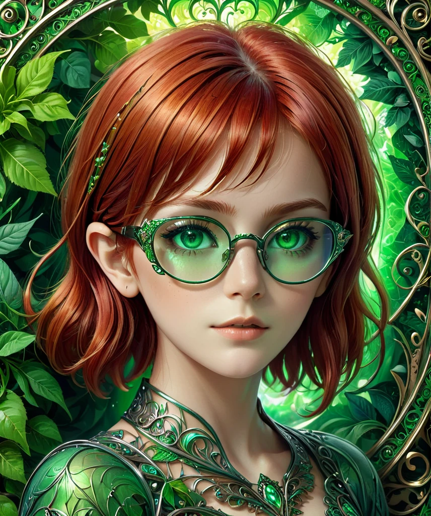 (masterpiece, top quality, top quality, official art, Beautiful、aesthetic:1.2), (Short , Red hair, green eyes girl 15 years old, metal frame glasses), Very detailed,(fractal art:1.3),Colorful,The most detailed, Background with fractals and various details of flowers and greenery