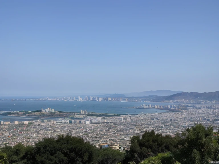 araffe view of a city with a lot of trees and a body of water, entire city in view, urban view in the distance, entire city visible, view over city, the sea seen behind the city, 8 k. filling of the view, view from the distance, view from a distance, taken with sony alpha 9, distance view, visible from afar!!