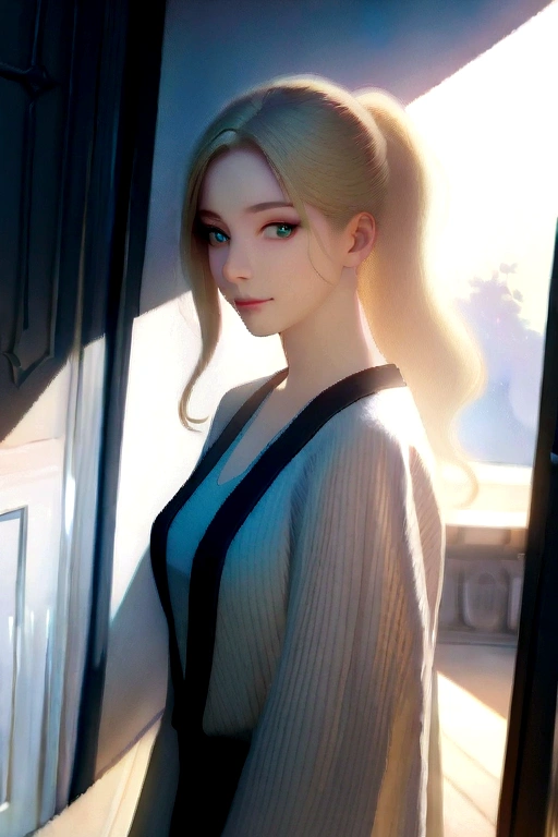 (masterpiece, best quality, 8k, sharp focus, depth of field, best shadows, perfect lights, HDR, realistic skin texture, ultra-detailed background, detailed) a very beautiful woman with Blonde Hair with Ponytail Hair Style with ribbon and green eyes, pale skin and softly looks, wearing a long dress long Sleeves. smiling, Photorealistic, Gorgeous.