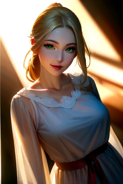 (masterpiece, best quality, 8k, sharp focus, depth of field, best shadows, perfect lights, HDR, realistic skin texture, ultra-detailed background, detailed) a very beautiful woman with Blonde Hair with Ponytail Hair Style with ribbon and green eyes, pale skin and softly looks, wearing a long dress long Sleeves. smiling, Photorealistic, Gorgeous.