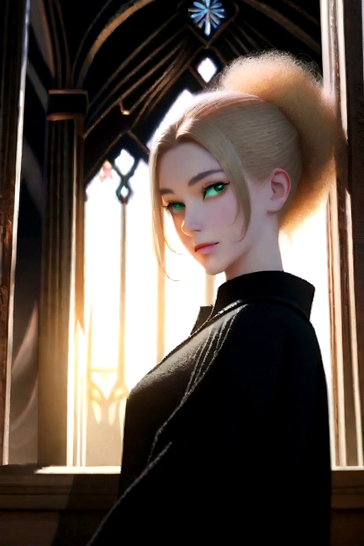 (masterpiece, best quality, 8k, sharp focus, depth of field, best shadows, perfect lights, HDR, realistic skin texture, ultra-detailed background, detailed) a very beautiful woman with Blonde Hair with Ponytail Hair Style with ribbon and green eyes, pale skin and softly looks, wearing a long dress long Sleeves. smiling, Photorealistic, Gorgeous.