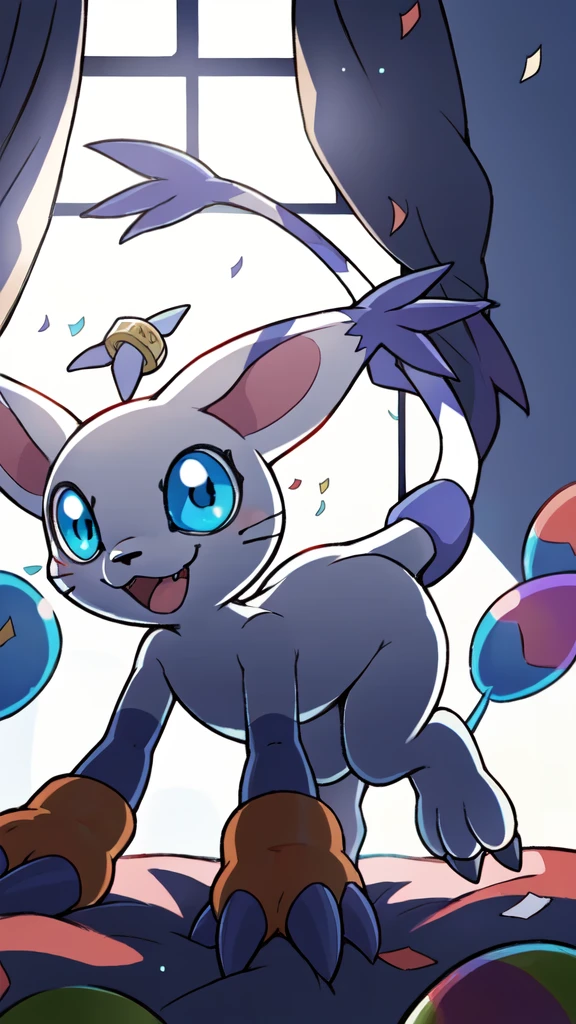Depth of written boundary, Perfect lighting, Particles of light,(Highest quality),(masterpiece),(ultra detailed),Sharp focus,Gatmon, Digimon (Living things), tail ring, No humans, blue eyes, alone, Open your mouth, White Background, tail ornament, tail, Simple Background, Living things, nail, gloves, :3, whole body, smile, Jumping, :d, Animal Hands, :d, Windows, curtain, bedroom, On all fours, , balloon, blue balloon, white balloon, Confetti, Raise the hand,Animal ears, bed,