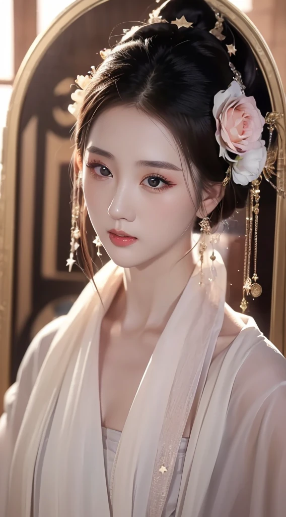 1 20-year-old girl, The flawless face of the goddess Athena, Beautifully 饰有许多性感的黑色蕾丝细节, Legend of the Female Saint, Beautiful goddess style glitter, Dark Mystery Version,  Beautifully and beautiful pino detailing, Beautifully and beautiful lip detail, (Pure and flawless face: 1.9), Round chest, big, Round chest, Beautiful clear face and well-proportioned eyes, (Transparent eyes: 1.8), (bigbig的圆眼睛和浓妆, Sexy wet eye makeup, Very beautiful and exquisite hair and makeup, long and Beautifully blonde hair, Beautifully, Body Image: 1.8), vivid, (Stars in the sky: 1.7), (The sky and the illusory time and space gate: 1.8), Fictional Art, original photo, hanfu photos, Best photos, high resolution, best quality, Best photos, Best goddess quality, 8K female, Super 8 Single Saint Portrait, The most realistic color scheme, masterpiece, Best Beauty Brands, The best hair accessory, Live-action photos of the brand, Dark Studio, Border Light, Two-color lighting, (Rose White Skin: 1.4), (High Skin Detail: 1.1), 8k ultra high definition, SLR camera, Soft lighting, 8K, high quality, Honesty, Volume is smooth and sharp, 10 times more pixels, Sexy goddess, Sexy goddess背景空间: 1.8), (最美的aurora眼: 1.7), beautiful eyes, aurora（aurora）Beautiful single girl: 1.8), (More detail:0.8),