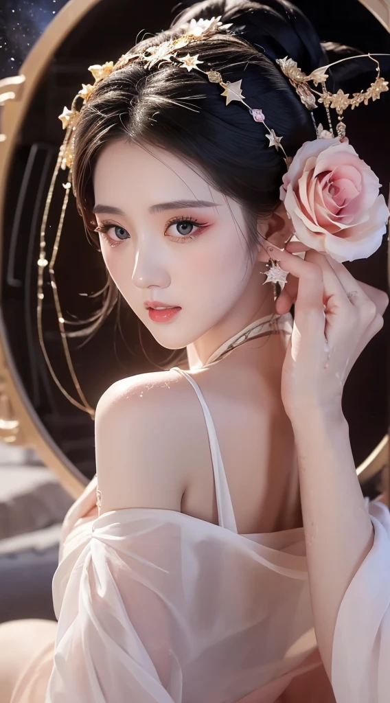 1 20-year-old girl, The flawless face of the goddess Athena, Beautifully 饰有许多性感的黑色蕾丝细节, Legend of the Female Saint, Beautiful goddess style glitter, Dark Mystery Version, Beautifully and beautiful pino detailing, Beautifully and beautiful lip detail, (Pure and flawless face: 1.9), Round chest, big, Round chest, Beautiful clear face and well-proportioned eyes, (Transparent eyes: 1.8), (bigbig的圆眼睛和浓妆, Sexy wet eye makeup, Very beautiful and exquisite hair and makeup, long and Beautifully blonde hair, Beautifully, Body Image: 1.8), vivid, (Stars in the sky: 1.7), (The sky and the illusory time and space gate: 1.8), Fictional Art, original photo, hanfu photos, Best photos, high resolution, best quality, Best photos, Best goddess quality, 8K female, Super 8 Single Saint Portrait, The most realistic color scheme, masterpiece, Best Beauty Brands, The best hair accessory, Live-action photos of the brand, Dark Studio, Border Light, Two-color lighting, (Rose White Skin: 1.4), (High Skin Detail: 1.1), 8k ultra high definition, SLR camera, Soft lighting, 8K, high quality, Honesty, Volume is smooth and sharp, 10 times more pixels, Sexy goddess, Sexy goddess背景空间: 1.8), (最美的aurora眼: 1.7), beautiful eyes, aurora(aurora)Beautiful single girl: 1.8), (More detail:0.8),