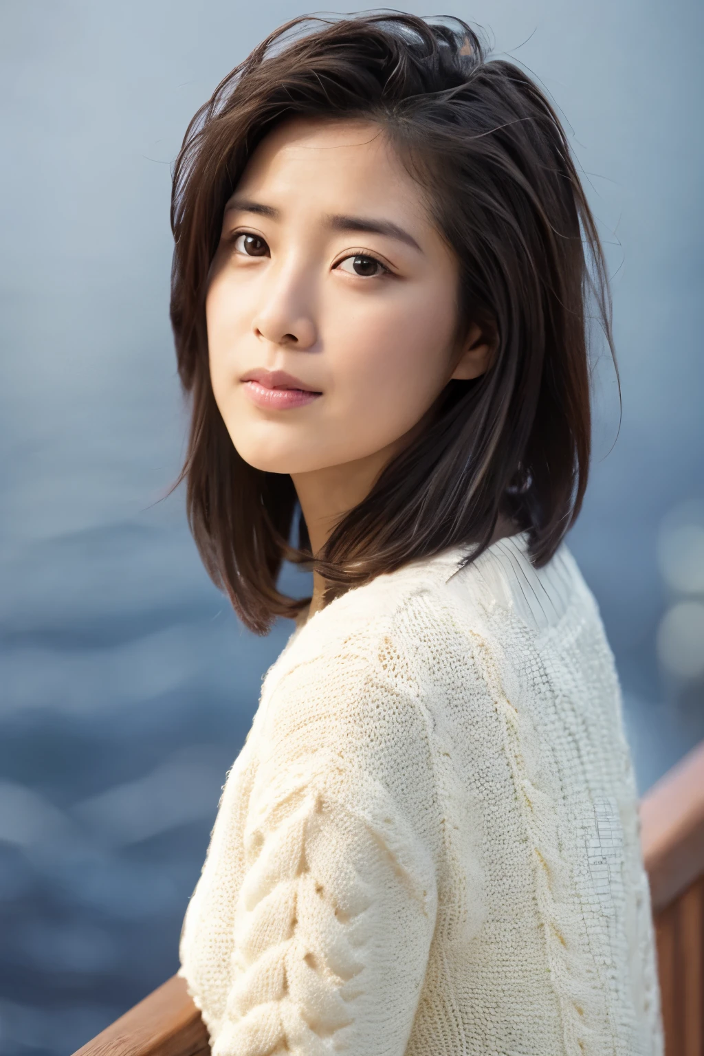 (knitwear), (top-quality, masterpiece:1.3, Super high resolution), (Photorealsitic:1.4, RAW shooting), Ultra-realistic capture, A highly detailed, high-definition 16K for human skin, Wistful, A skinny Japanese woman, 30 years old, cute face, ((Sadness face)), detailed face, detailed eyes, ((correct anatomy)), A dark-haired, Middle hair, ((Background of the sea in a starry night)), (((looking up afar at starry sky))), hair blowing in the wind
