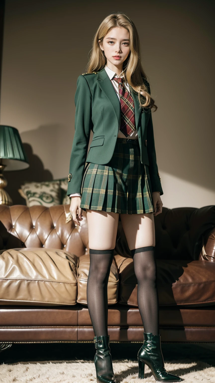 UHD,8K,girlvn01, 1girl,school,Big Eyes,Stunningly Beautiful Girl,green suit,Epaulette, pleated plaid green skirt,plaid red necktie, Long shaped face,Sandy Blonde side-swept hair,standing ,black stocking ,sofa,student boots high heels,full body,