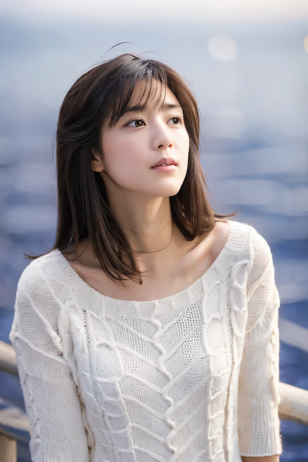 (knitwear), (top-quality, masterpiece:1.3, Super high resolution), (Photorealsitic:1.4, RAW shooting), Ultra-realistic capture, A highly detailed, high-definition 16K for human skin, Wistful, A skinny Japanese woman, 30 years old, cute face, ((Sadness face)), detailed face, detailed eyes, ((correct anatomy)), A dark-haired, Middle hair, ((Background of the sea in a starry night)), (((looking up afar at starry sky))), hair blowing in the wind