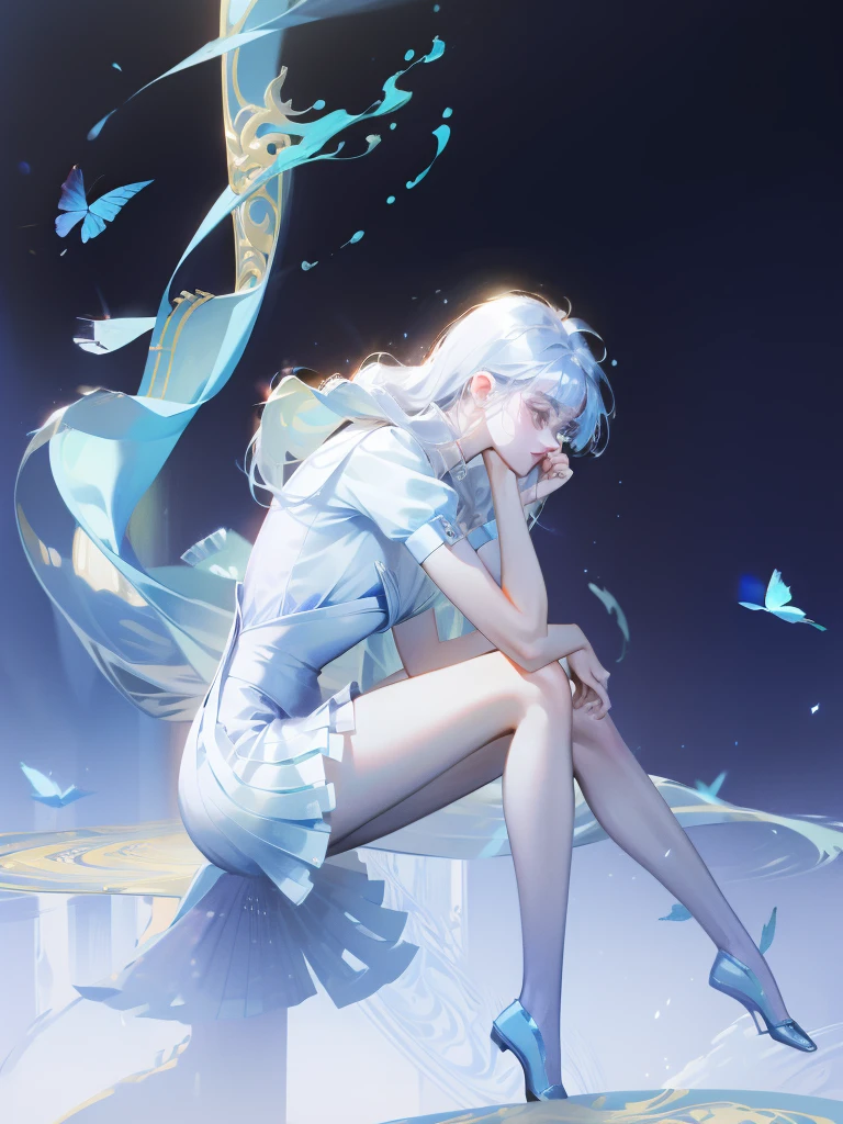 1 girl，Shimizu，Blue Butterfly，Pure white gauze skirt，shiny，Sitting in the air
