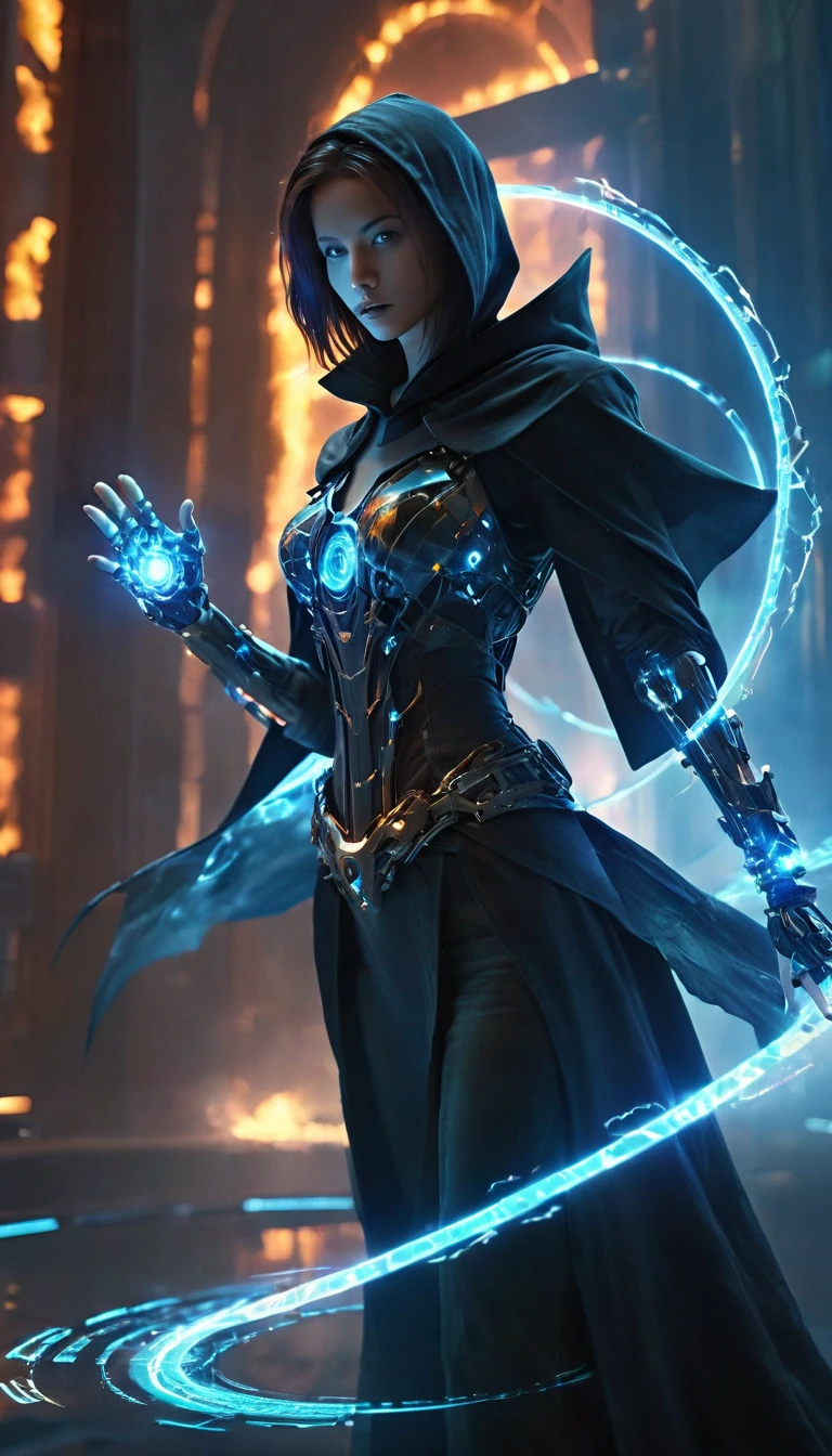 magic circle,magic array,magic circles,magic array,1girl,mecha,black,cloak,dark style,ultra wide,octane render masterpiece,beautiful depth of field,ultra wide field,ultra detailed CG perspective,ultra dynamic lighting amazing shadows,cityscape,hell,blue fluorescence,