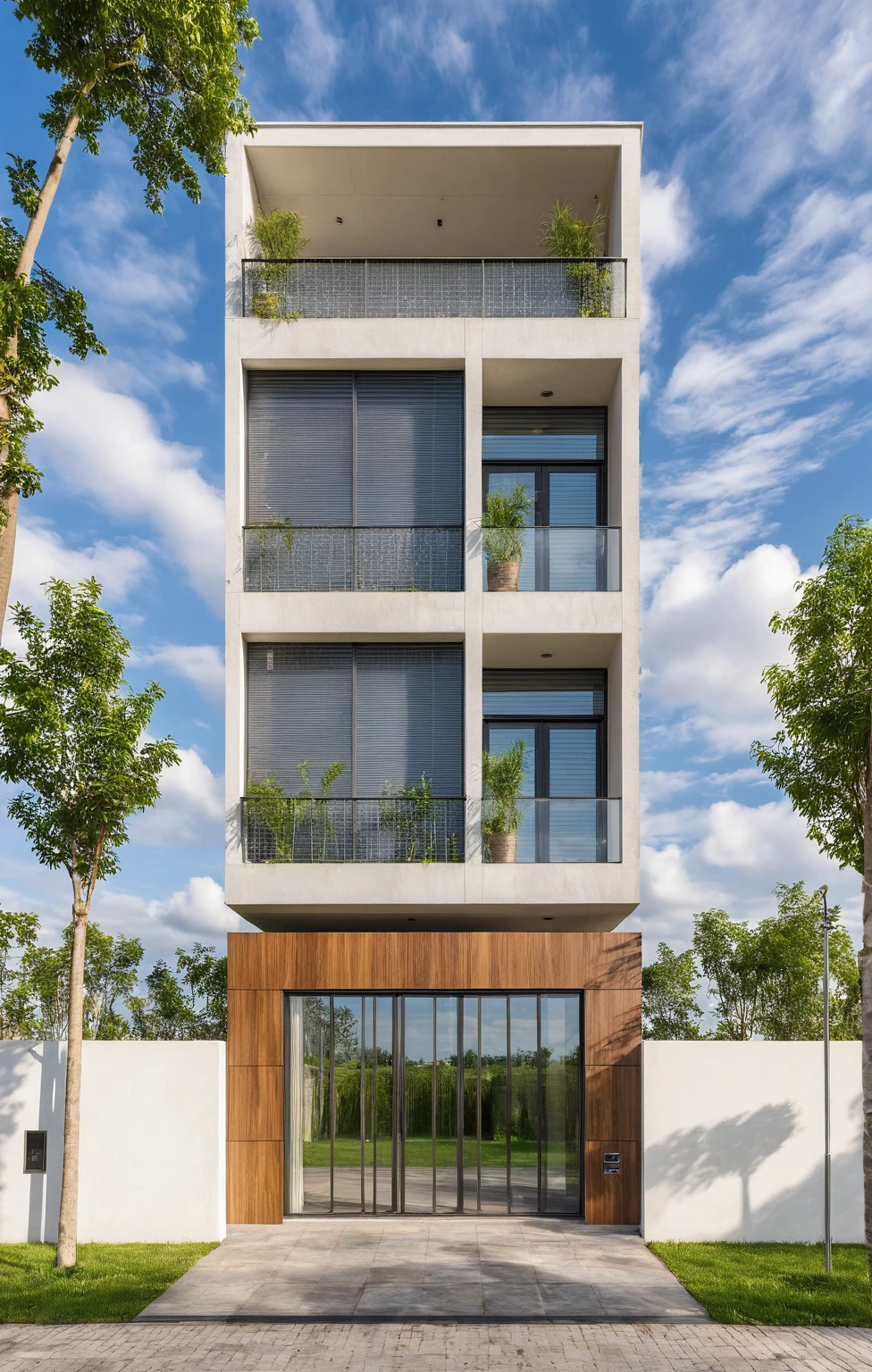Masterpiece, high quality, best quality, authentic, super detail, outdoors, house style modern, bietthuhn, white wall, glass windows, gate road, pavement, grass, trees, Beautiful_sky, SUNSET, (day:1.1), realistic lighting