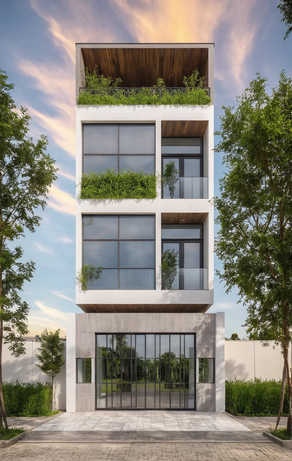 Masterpiece, high quality, best quality, authentic, super detail, outdoors, house style modern, bietthuhn, white wall, glass windows, gate road, pavement, grass, trees, Beautiful_sky, SUNSET, (day:1.1), realistic lighting