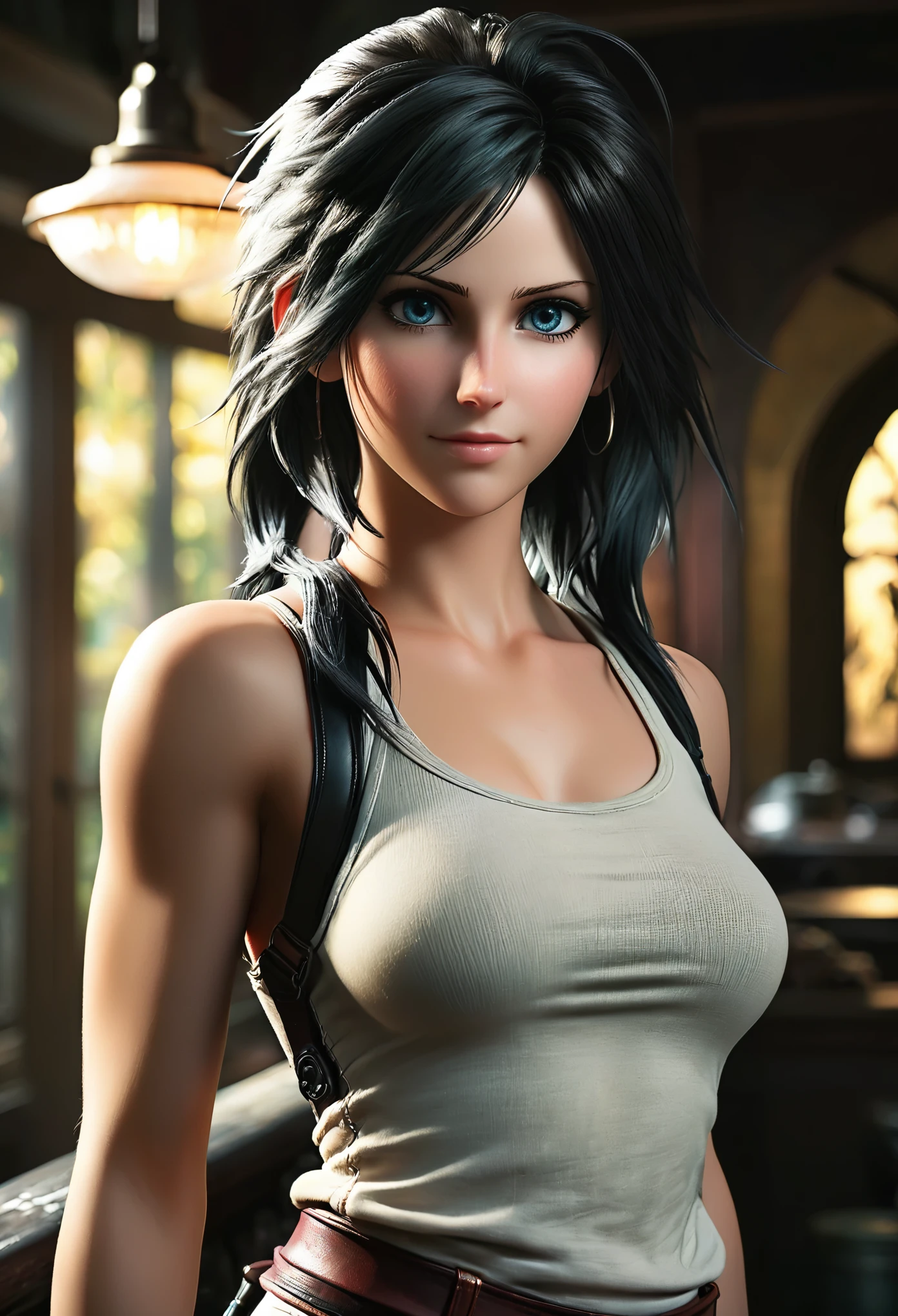 (Realisttic:1.2), og photo style, (cute woman looking like Tifa Lockhart from "Final Fantasy VII"), (cute detailed face, intensed detailed eyes), (her full body s a visual pleasure), faint smile, soft shading, lifelike skin texture, sexyd seductive, dynamic, in motion, three dimensional effect, gloomy dark atmosphere, play of light in the sun rays, faded colours, great quality, Masterpiece, intricate fantasy background, naturally cinematic light, 16k quality, HDR, RAW photo
