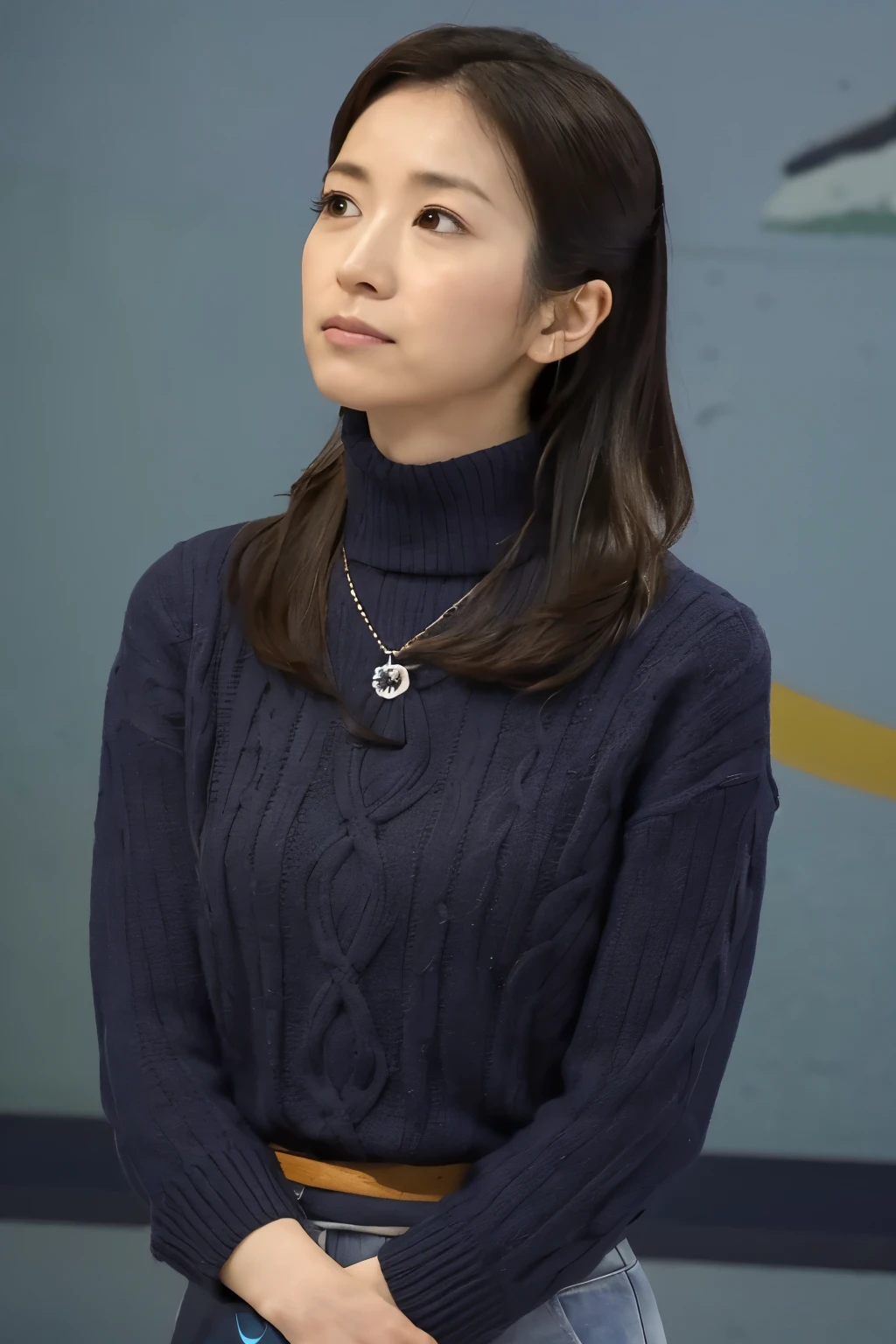 (knitwear), (top-quality, masterpiece:1.3, Super high resolution), (Photorealsitic:1.4, RAW shooting), Ultra-realistic capture, A highly detailed, high-definition 16K for human skin, Wistful, A skinny Japanese woman, 30 years old, cute face, ((Sadness face)), detailed face, detailed eyes, ((correct anatomy)), A dark-haired, Middle hair, ((Background of the sea in a starry night)), (((looking up afar at starry sky))), hair blowing in the wind