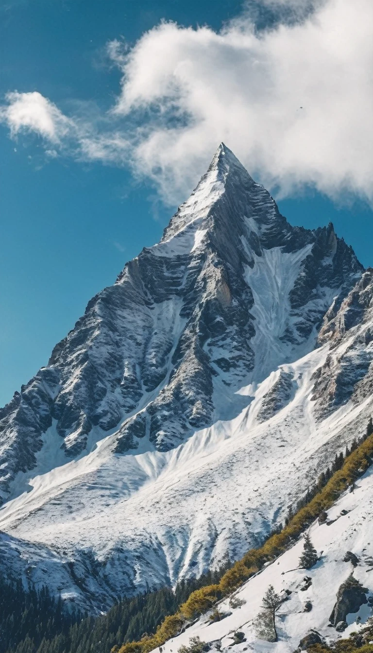 Mountain landscape, snow on mountain peak, bottom-up image, vegetation, blue sky, cinematic lighting, aspect ratio 19:6, image quality 4k, image resolution 4k, upscale 8x, masterpiece, dreamy, surrealism,