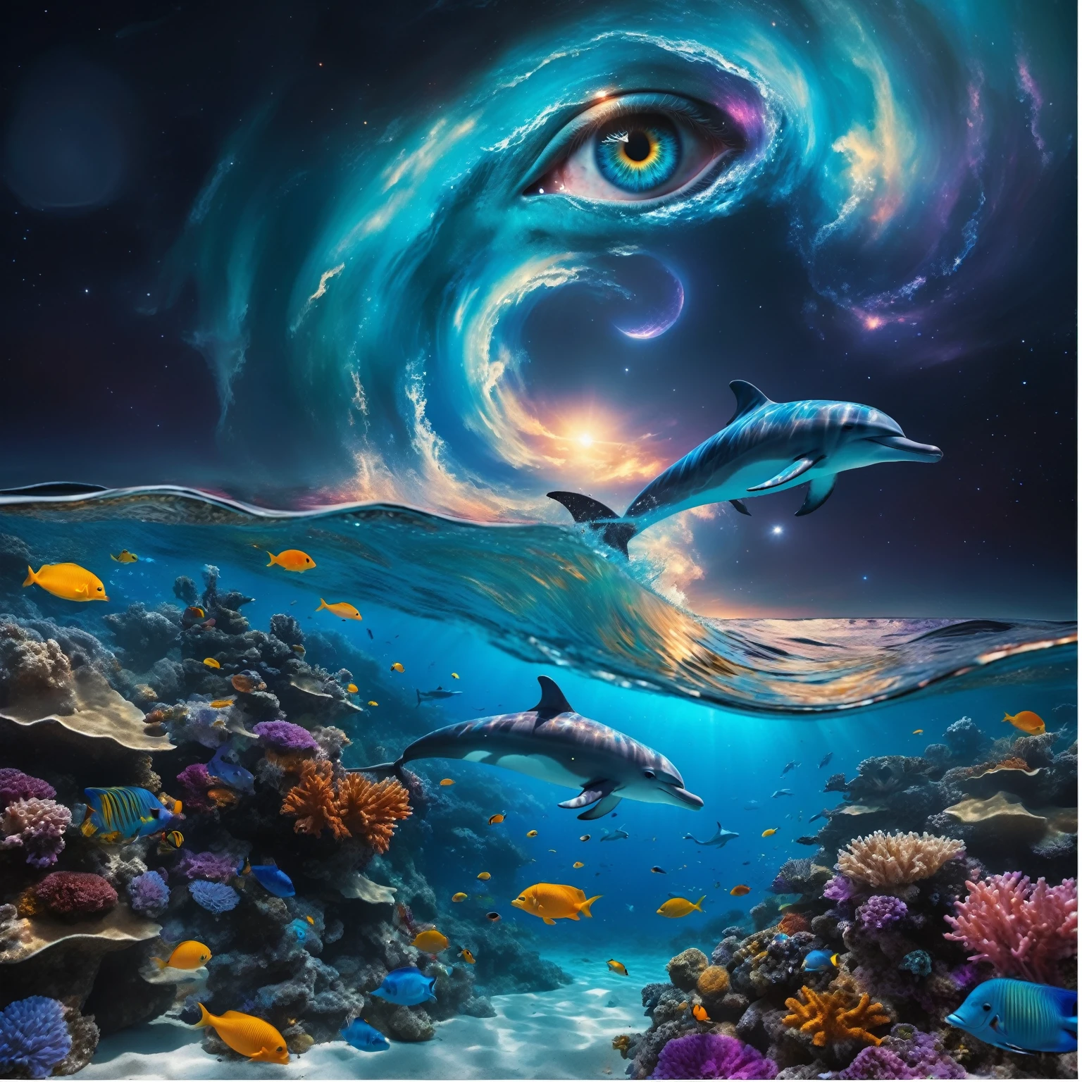 a surreal and fantastical image with the following elements: Setting: A beach with a surreal twist, where the ocean blends with a cosmic sky, moon liminism. Foreground: Vibrant coral reefs with detailed textures and various tropical fish swimming around. Midground: one Dolphin swimming just below the surface, and one Dolphin jump out the wave, illuminated by moonlight filtering through the water. Background: A sky dominated by a massive cosmic eye, surrounded by swirling galactic patterns and luminous stars. Spiraling waves seamlessly blend into the cosmic sky. Colors: moon liminism ,Dominant tones of blue, turquoise, and violet. Accents of yellow and orange from the tropical fish. Composition: The scene should guide the viewer’s gaze from the detail. best quality, 8k, highres, masterpiece, ultra-detailed, realistic, photorealistic, photo-realistic, HDR, vivid colors, cinematic lighting, surreal, fantasy, digital art, concept art