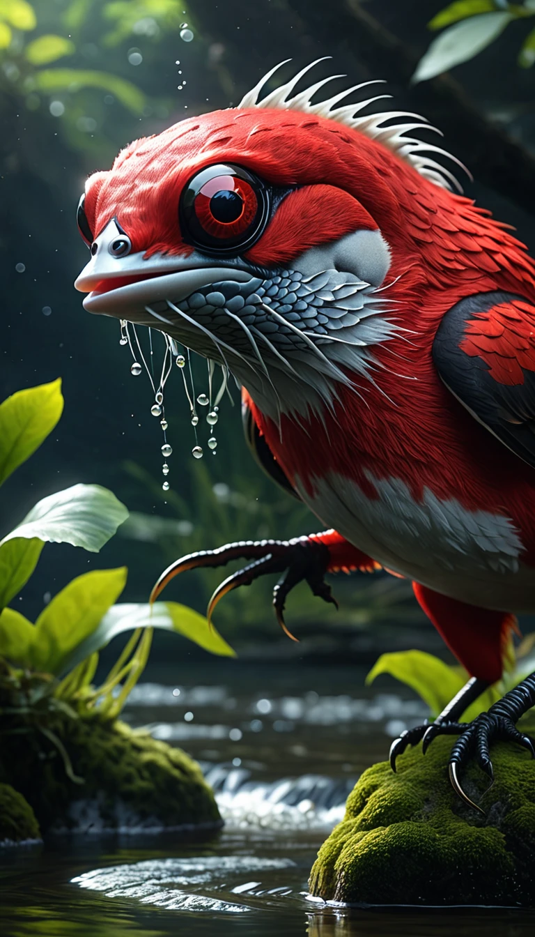 There is a red creature in the river that is a combination of a human head and a fish body.,Mysterious Creatures, shrike, (best quality,4K,8K,High level,masterpiece:1.2),Ultra Detailed,(lifelike,Photo real,Photo real:1.37),Highly detailed animals,Complex patterns,Realistic lighting,Fantasy Creatures