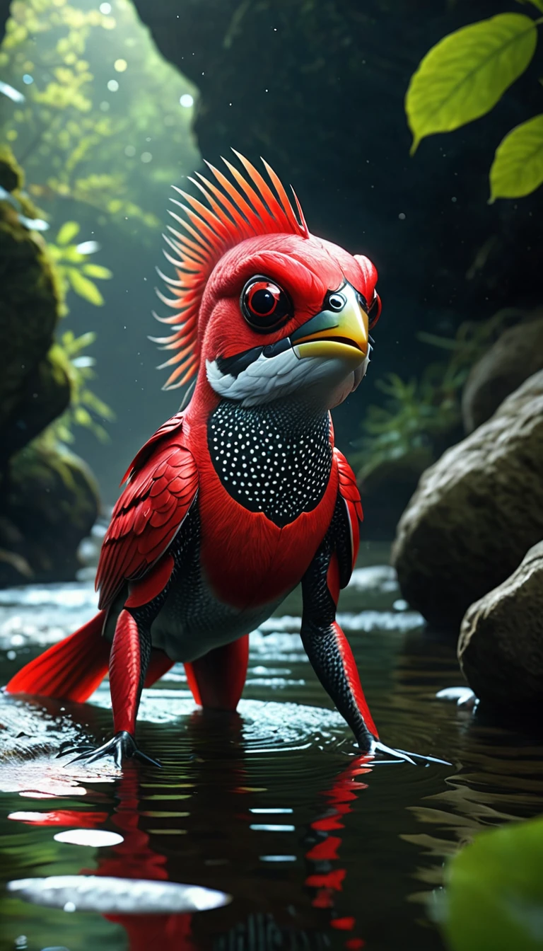 There is a red creature in the river that is a combination of a human head and a fish body.，Mysterious Creatures, shrike, (best quality，4K，8K，High level，masterpiece：1.2），Ultra Detailed，（lifelike，Photo real，Photo real：1.37），Highly detailed animals，Complex patterns，Realistic lighting，Fantasy Creatures
