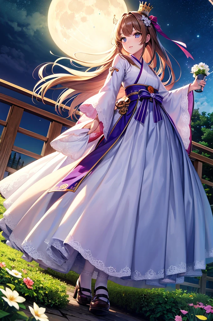 Highest quality, expensive_solve, clear_image, Detailed Background ,girl, hanbok,flower,garden,moon, night,Dutch Angle, Wide Shot, Crown,