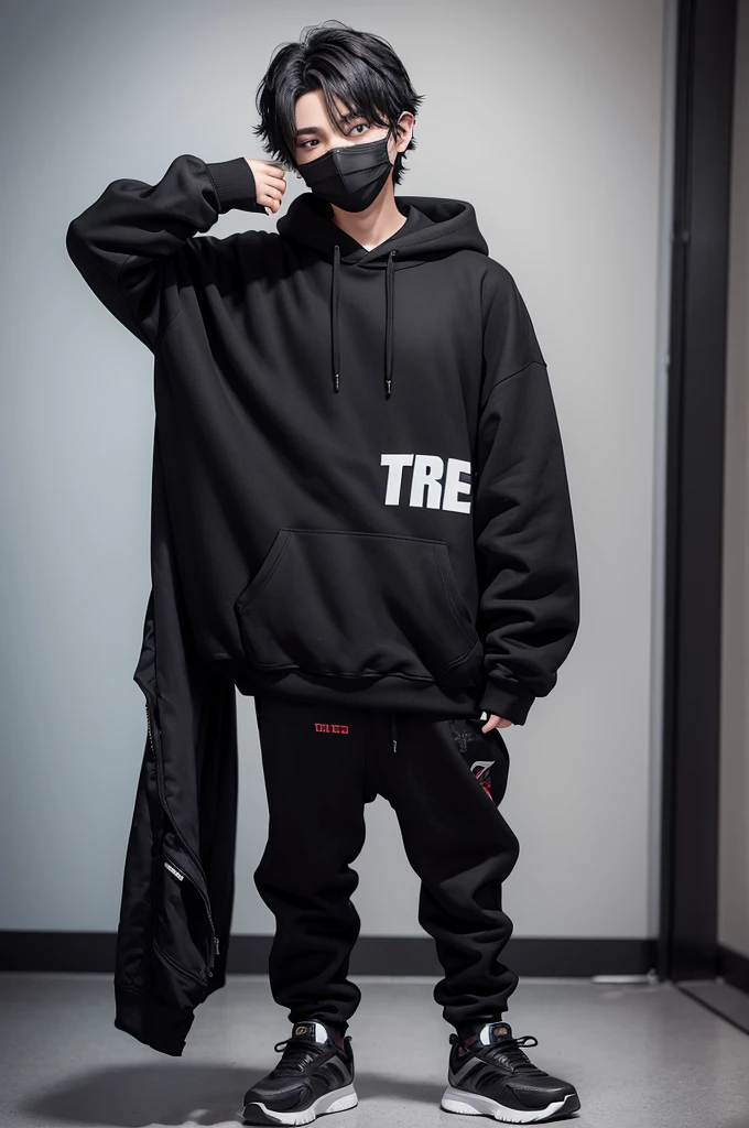 1 boy, Bblack hair, in sweatshirt, Pants, a mask, full body photo