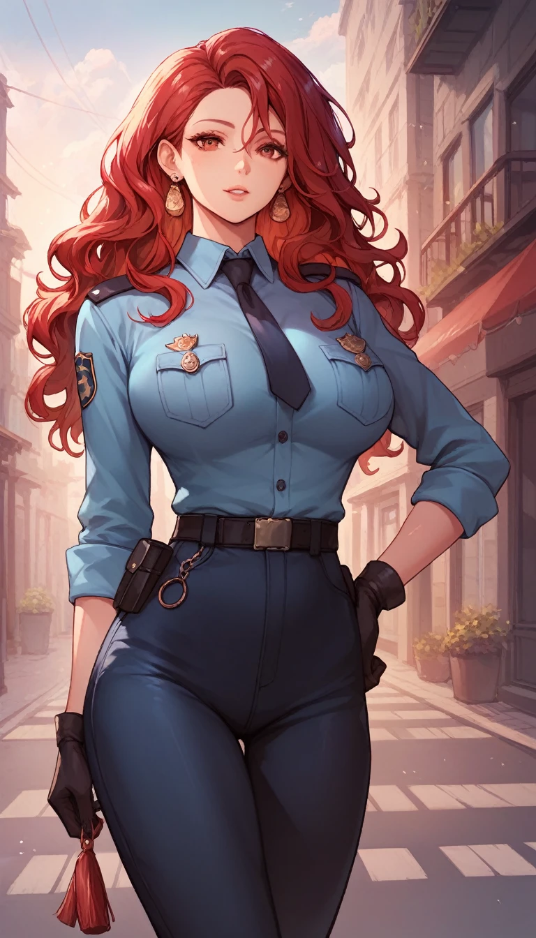 Red hair,red eyes,(high quality eyes),masterpiece, best quality, high quality, highres, outdoors, looking at viewer, police uniform, Jenny, tall female,big breasts, tassel earrings,wavy hair,public hair 
