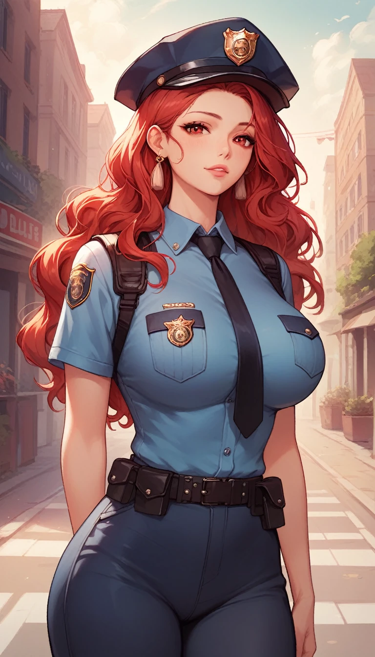 Red hair,red eyes,(high quality eyes),masterpiece, best quality, high quality, highres, outdoors, looking at viewer, police uniform, Jenny, tall female,big breasts, tassel earrings,wavy hair,public hair