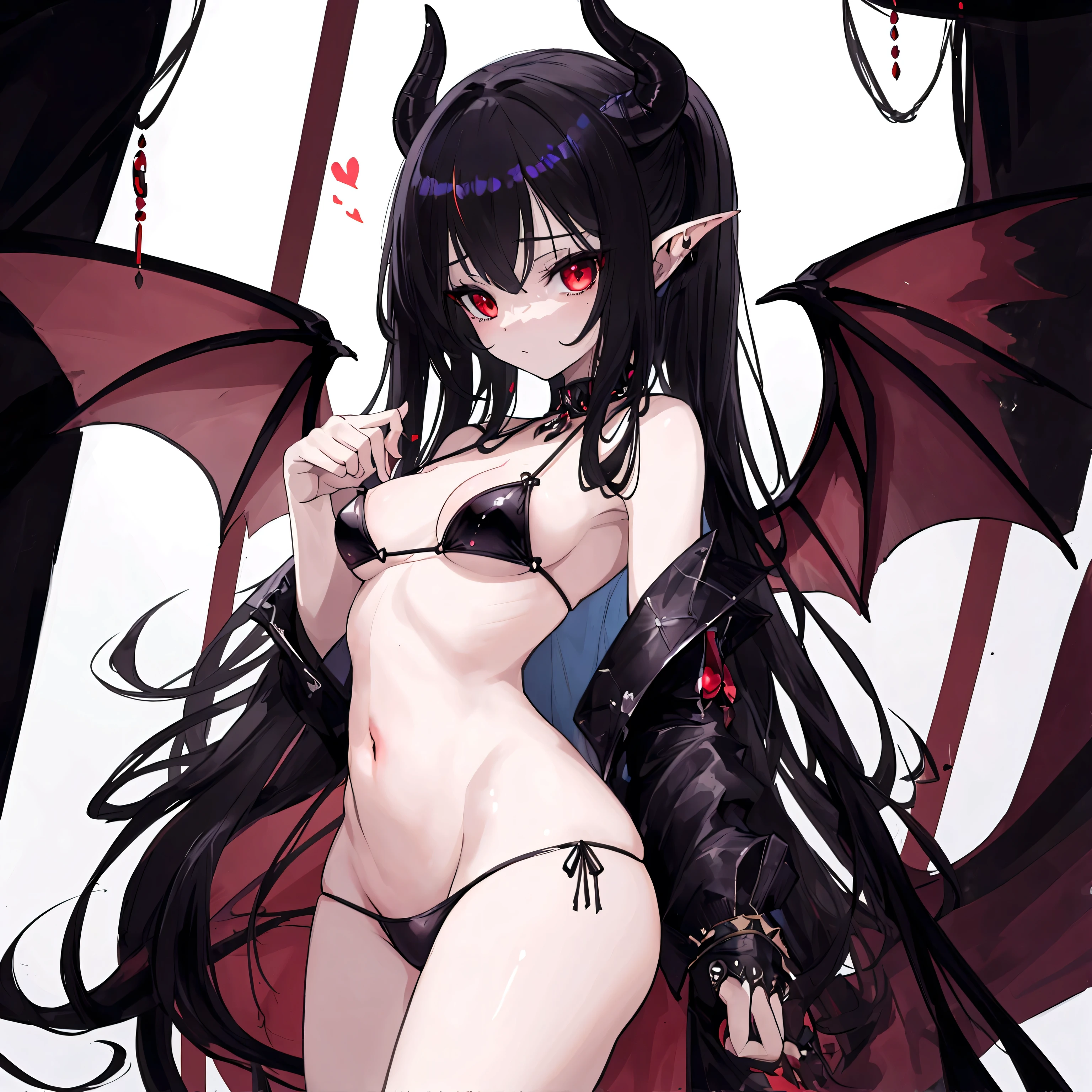((Best masterpiece, Perfect quality, Ultra detailed)), A succubus female with small bust, With demon-tail, With tiny wings,Wearing black bikini, From above angle