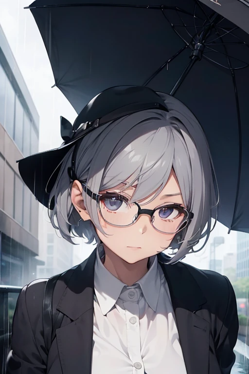 BREAK,female,old,Glasses,Gray Hair,Short Hair,black suits,pov face,BREAK she holds an umbrella in left hand.BREAK {{{masterpiece}}},{best quality},{super detailed},super fine illustration,8K.beautiful background,rain,dynamic angle