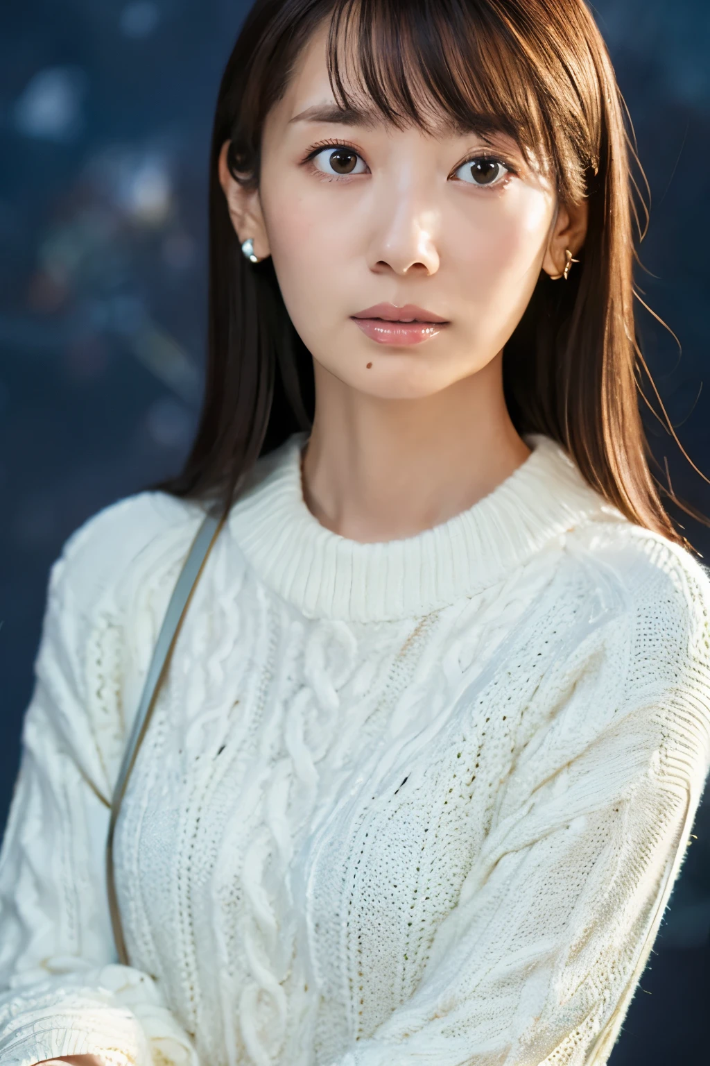 (knitwear), (top-quality, masterpiece:1.3, Super high resolution), (Photorealsitic:1.4, RAW shooting), Ultra-realistic capture, A highly detailed, high-definition 16K for human skin, Wistful, A skinny Japanese woman, 30 years old, cute face, ((Sadness face)), detailed face, detailed eyes, ((correct anatomy)), A dark-haired, Middle hair, ((Background of the sea in a starry night)), (((looking up afar at starry sky))), hair blowing in the wind