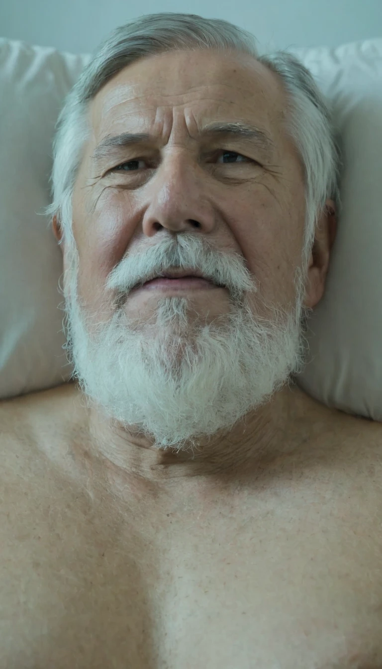 a elderly man 95 years old, naked, (extremely Full long beard, mustache), inflated face, Chubby face, Men's short haircut in the Caesar style, He is kissing his wife on the mouth in bed in a moment of love, orgasm, feeling a lot of pleasure in sex, ecstasy, cum, focus in faces, uhd, 4k, masterpierce, high resolution