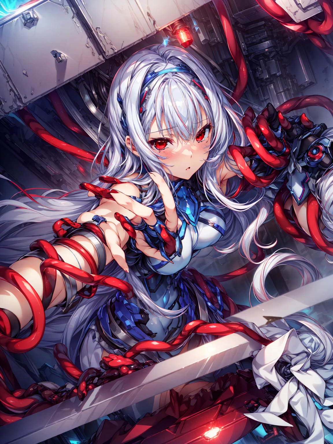 masterpiece, Highest quality, Anime Style,Official Art Beautiful Lighting, 1 Girl, bangs, Inside a futuristic base, whole body, Blue and white outfit, masterpiece,Noise Reduction,perfect anatomy,high resolution, ultra-detailed,game cg,dutch angle ,beautiful detailed eyes,visualart,five fingers, perfect hands, perfect lighting,,red eyes,(Silver Hair:1.6)