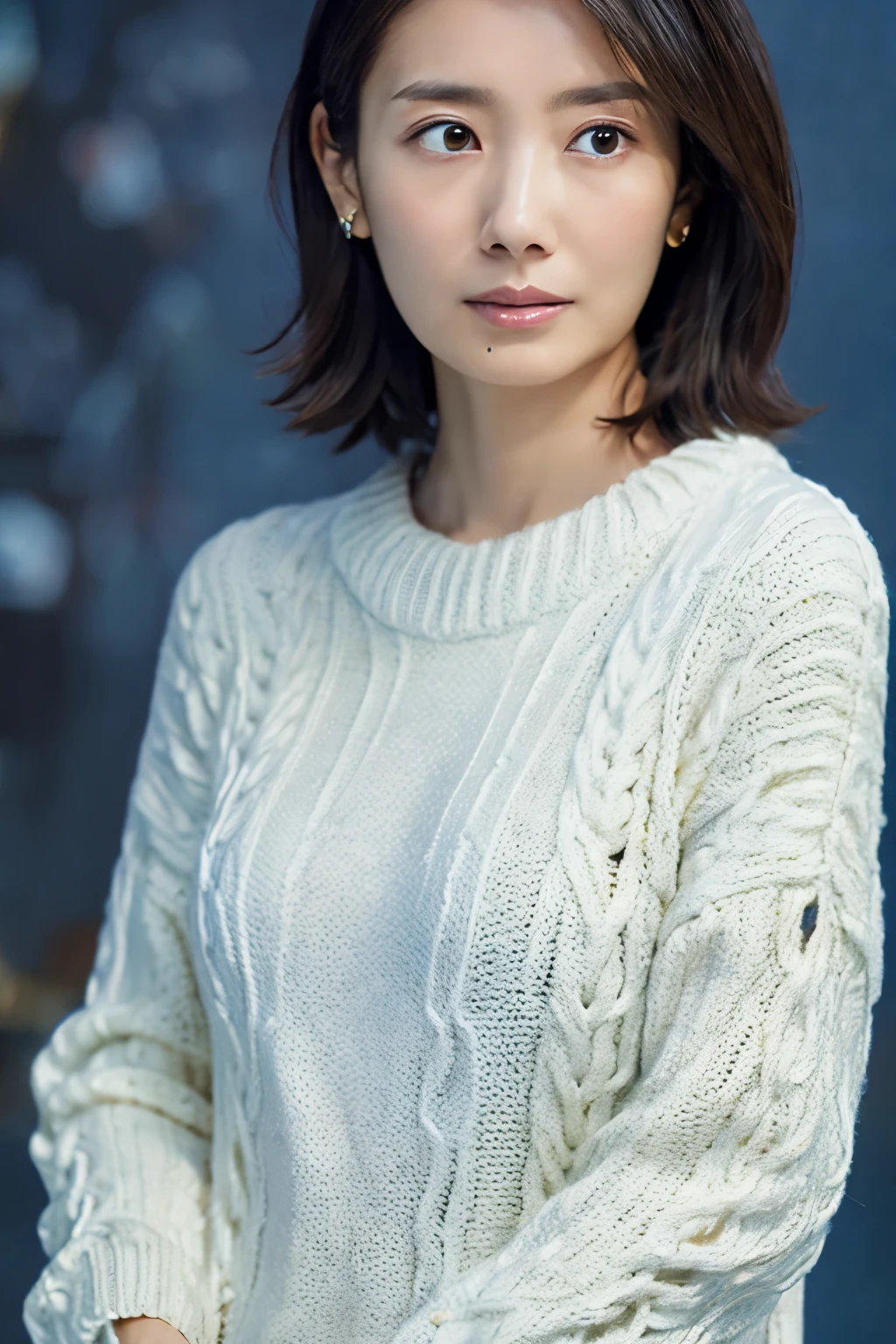 (knitwear), (top-quality, masterpiece:1.3, Super high resolution), (Photorealsitic:1.4, RAW shooting), Ultra-realistic capture, A highly detailed, high-definition 16K for human skin, Wistful, A skinny Japanese woman, 30 years old, cute face, ((Sadness face)), detailed face, detailed eyes, ((correct anatomy)), A dark-haired, Middle hair, ((Background of the sea in a starry night)), (((looking up afar at starry sky))), hair blowing in the wind