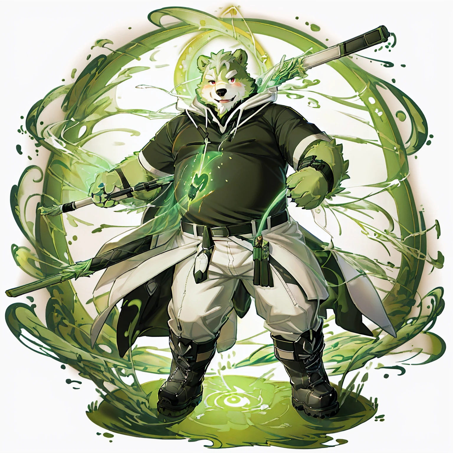 anthro, kemono, male, solo, (((anthro bear))), (((green bear))), (((green fur))), green hair, red eyes, beard, white eyebrows, mature, sexy, blush, wink, white background,  mage staff, magic, ((((black t-shirt inside), (((white long coat unhooded))), gray trousers, military boots))), full body, splash art, 