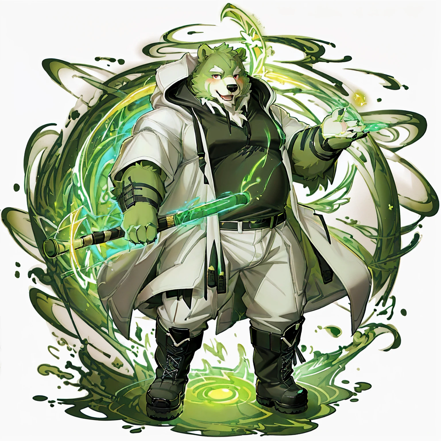 anthro, kemono, male, solo, (((anthro bear))), (((green bear))), (((green fur))), green hair, red eyes, beard, white eyebrows, mature, sexy, blush, wink, white background,  mage staff, magic, ((((black t-shirt inside), (((white long coat unhooded))), gray trousers, military boots))), full body, splash art, 