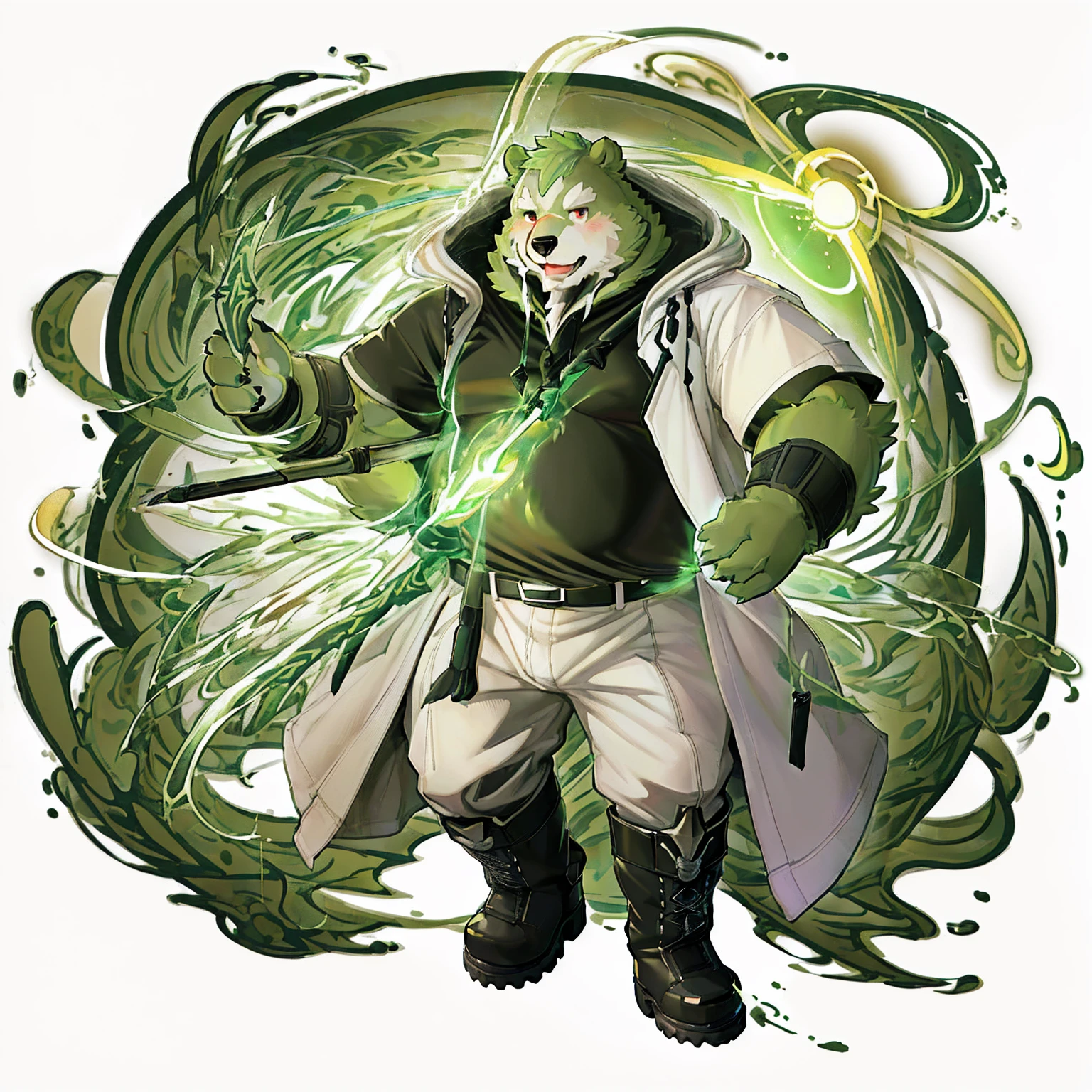 anthro, kemono, male, solo, (((anthro bear))), (((green bear))), (((green fur))), green hair, red eyes, beard, white eyebrows, mature, sexy, blush, wink, white background, mage staff, magic, ((((black t-shirt inside), (((white long coat unhooded))), gray trousers, military boots))), full body, splash art,