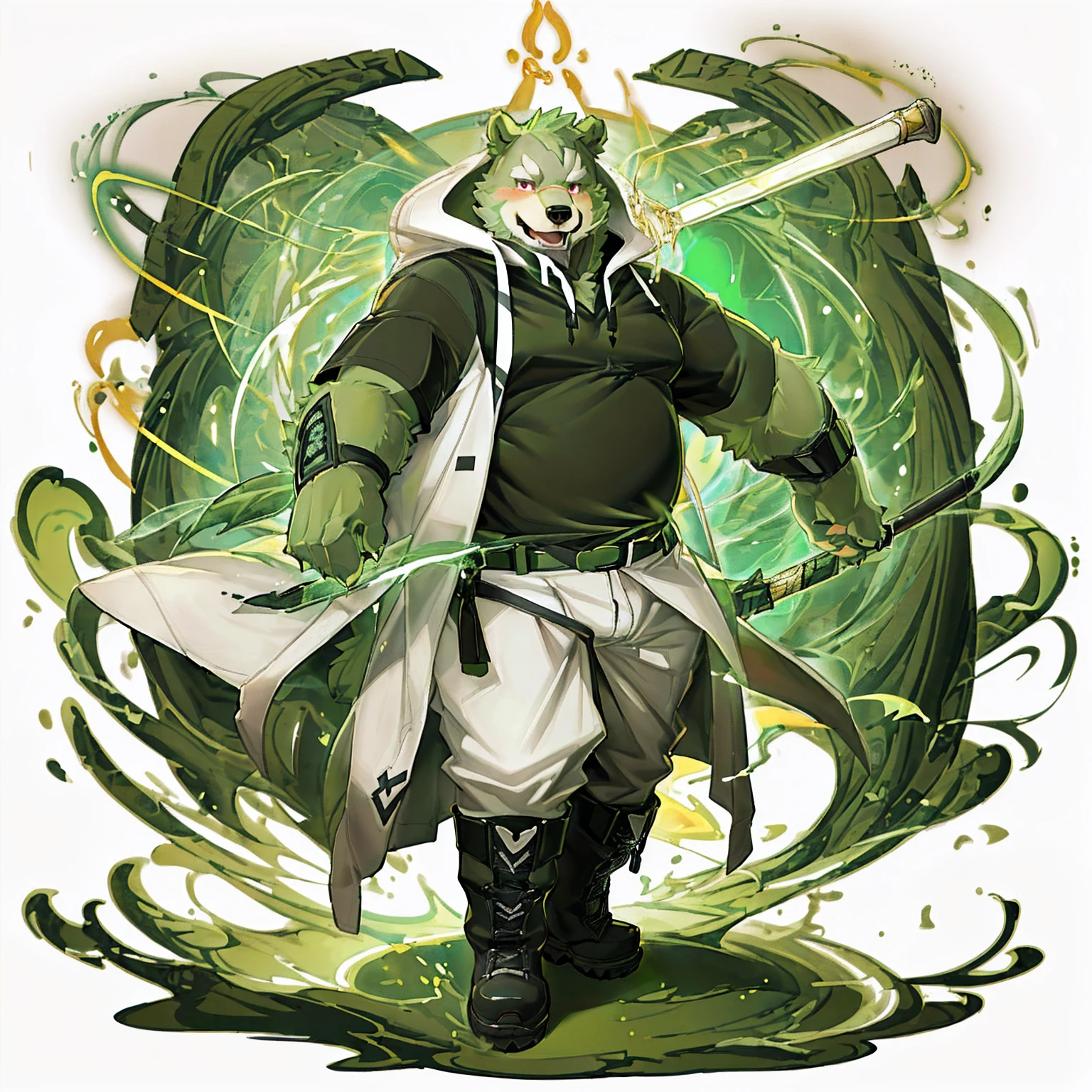 anthro, kemono, male, solo, (((anthro bear))), (((green bear))), (((green fur))), green hair, red eyes, beard, white eyebrows, mature, sexy, blush, wink, white background,  mage staff, magic, ((((black t-shirt inside), (((white long coat unhooded))), gray trousers, military boots))), full body, splash art, 