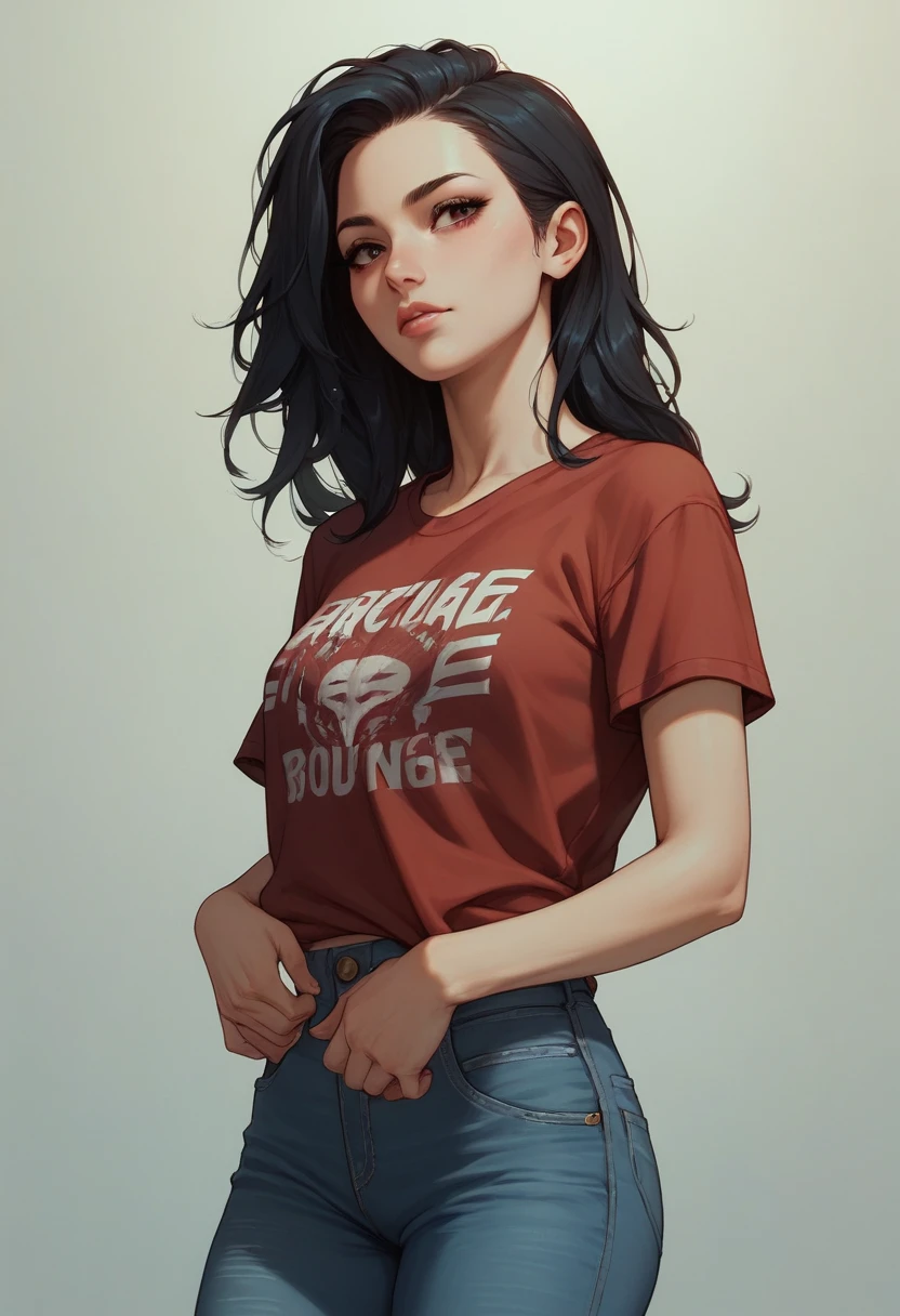 Beautiful face, Black hairs, wearing short sleeves red printed t-shirt and blue jeans