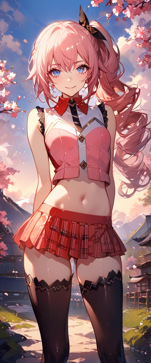 masterpiece, best quality, 8k, 4k, 1girl, (masterpiece, best quality:1.2), 1girl, serah farron, smile, looking at viewer, thin body ,arms behind back, blue eyes, super long curly side ponytail, black diamond-shaped armband, plain white sleeveless shirt,zig-zag button pattern, straight collar shirt, midriff, transparent sleeveless pink vest, red plaid-pleated short skirt, slightly lower skirt, black lace, black thigh-high stockings, ivory ankle boots, finely detailed eyes and detailed face, face detailed, hair detailed, clothes detailed, ((high quality)), extreme detail, Sakura tree, sakura field, inspired by Asukaziye artist : ask, art style : ask
