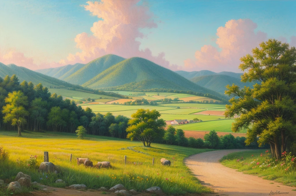 Pastel painting of a rural landscape, 