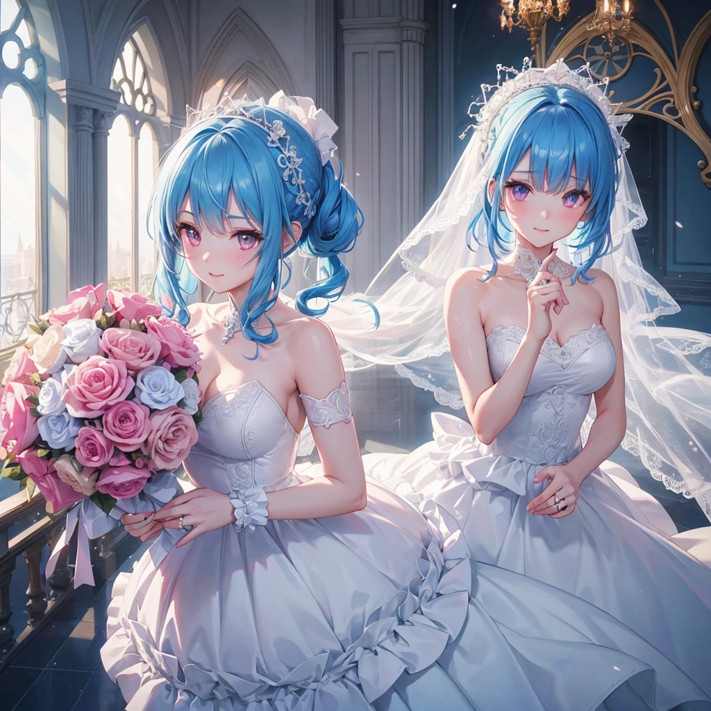 Sky blue hair, (Braided Ponytail),(Pink Eyes),Fair skin ,(whole body),(One girl),bride,A big smile,Straight bangs, 6月のbride,Wedding dress,(masterpiece, Highest quality, Very detailed, Best Shadow), (Detailed Background), (Beautifully detailed face), High Contrast, (Best lighting, Very delicate and beautiful), ((Cinematic Light)), colorful, Hyper Detail, Dramatic Light, Intricate details,Chapel background,Bouquet of roses,Ring on left ring finger,