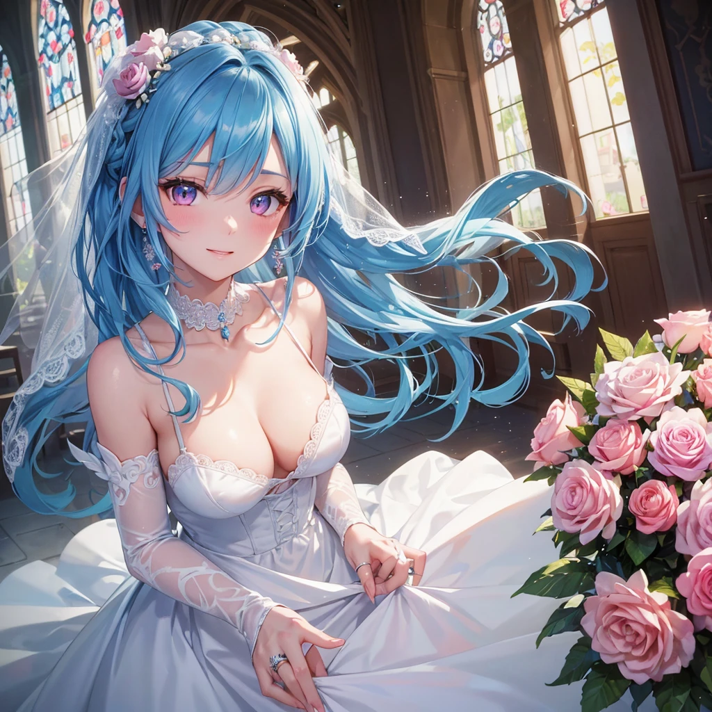 Sky blue hair, (Braided Ponytail),(Pink Eyes),Fair skin ,(whole body),(One girl),bride,A big smile,Straight bangs, 6月のbride,Wedding dress,(masterpiece, Highest quality, Very detailed, Best Shadow), (Detailed Background), (Beautifully detailed face), High Contrast, (Best lighting, Very delicate and beautiful), ((Cinematic Light)), colorful, Hyper Detail, Dramatic Light, Intricate details,Chapel background,Bouquet of roses,Ring on left ring finger,