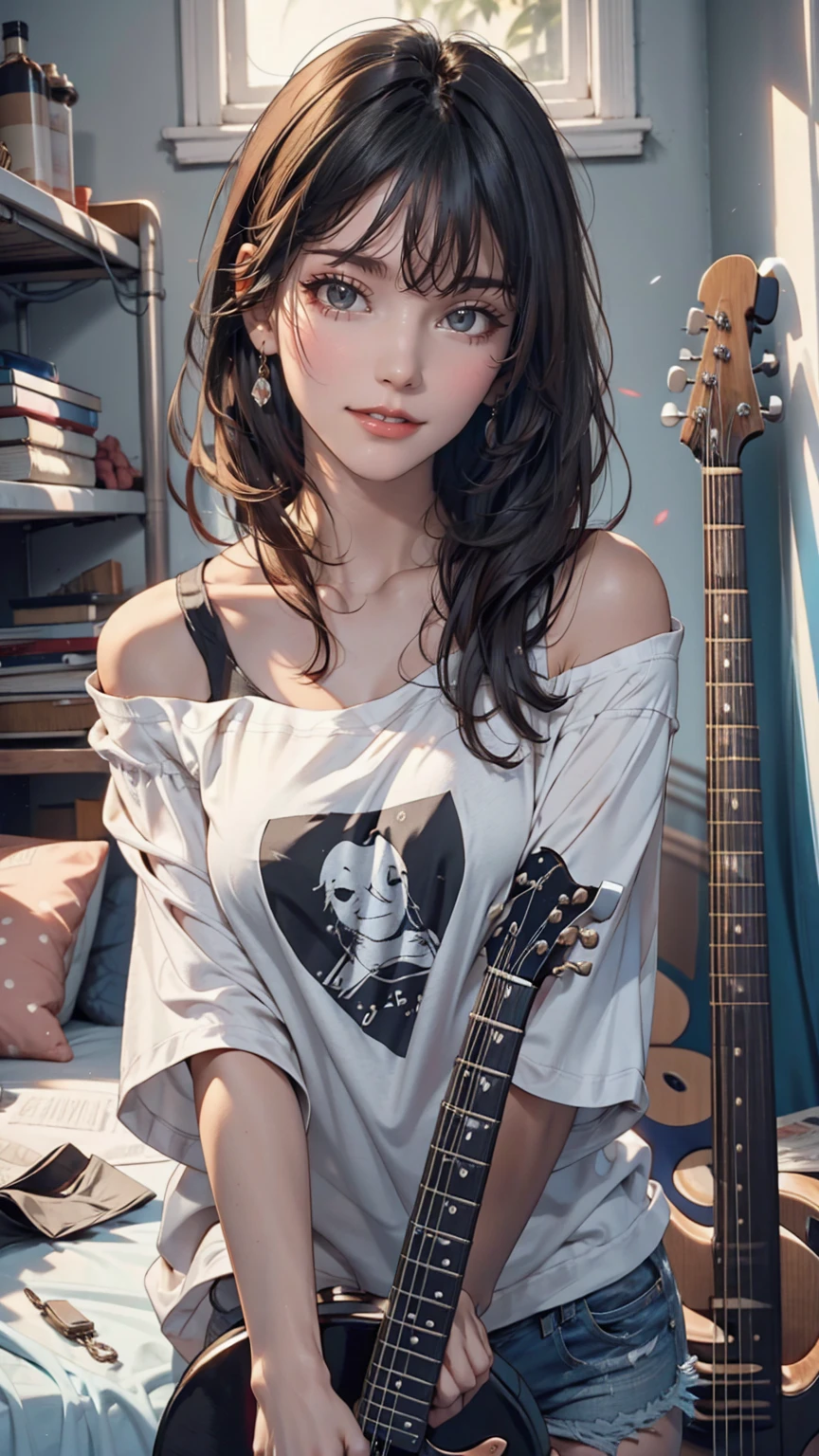 mouth, One girl, alone, In a messy room, guitar,smile、Off-the-shoulder T-shirt