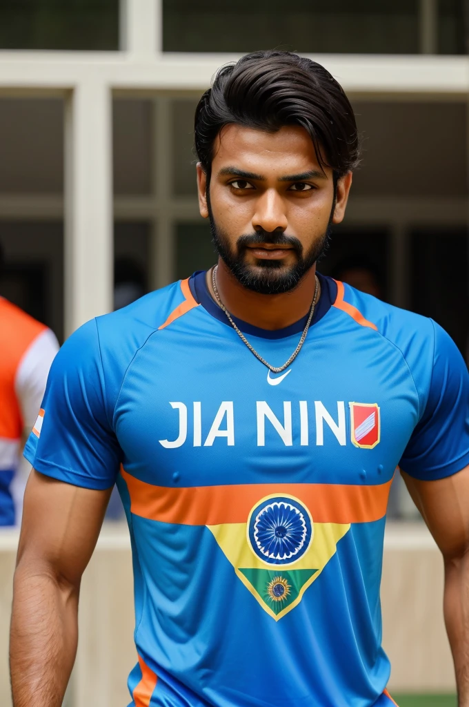 Create a man is watching T20 World Cup final today match,he wear a tshirt of Indian jursey , jursey number 18 and name Of jursey Jamil. Match is between India vs South Africa 