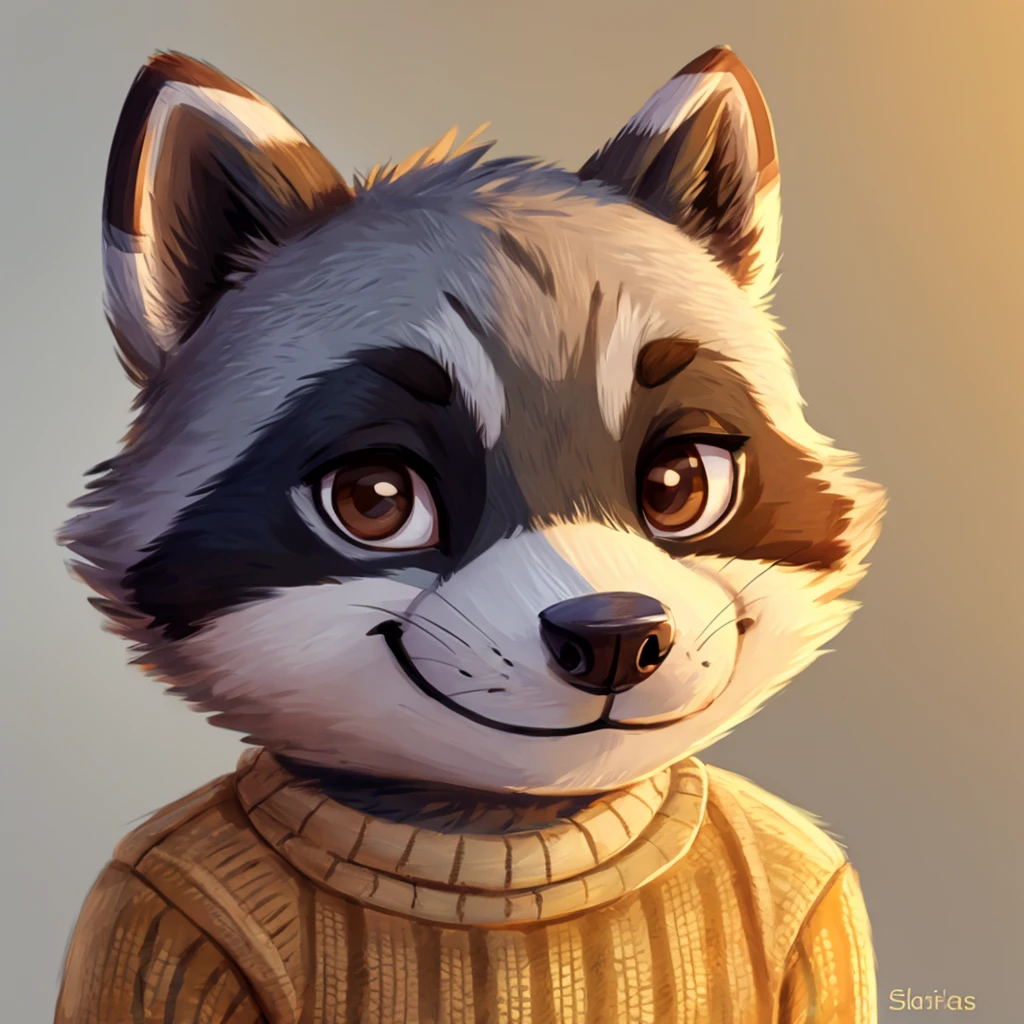 headshot of a cute and grey fur anthropomorphic raccoon, closed smile, animal crossing style, he has brown eyes, grey ears, he's dressed with a jumper, high quality furry art, high quality fursona ref.