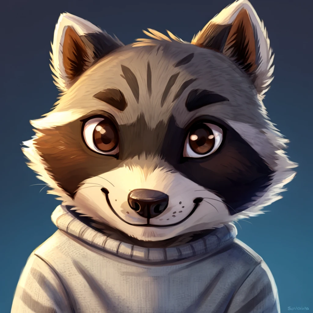 headshot of a cute and grey fur anthropomorphic raccoon, closed smile, animal crossing style, he has brown eyes, grey ears, he's dressed with a jumper, high quality furry art, high quality fursona ref.