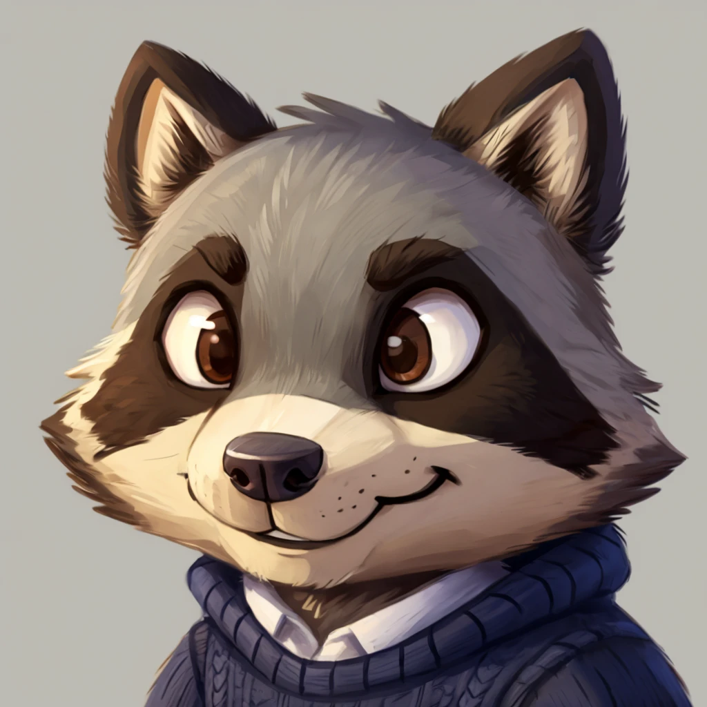 headshot of a cute and grey fur anthropomorphic raccoon, closed smile, animal crossing style, he has brown eyes, grey ears, he's dressed with a jumper, high quality furry art, high quality fursona ref.