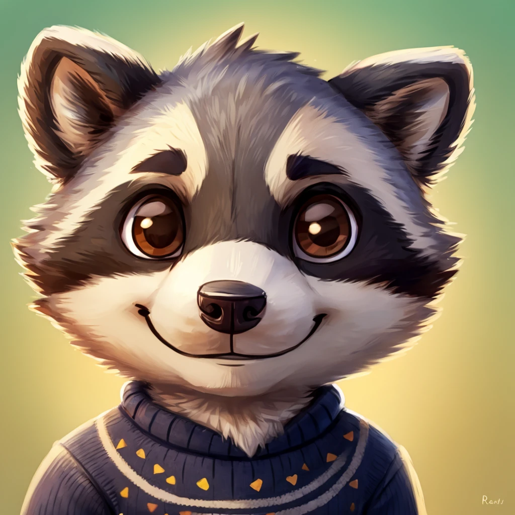 headshot of a cute and grey fur anthropomorphic raccoon, closed smile, animal crossing style, he has brown eyes, grey ears, he's dressed with a jumper, high quality furry art, high quality fursona ref.